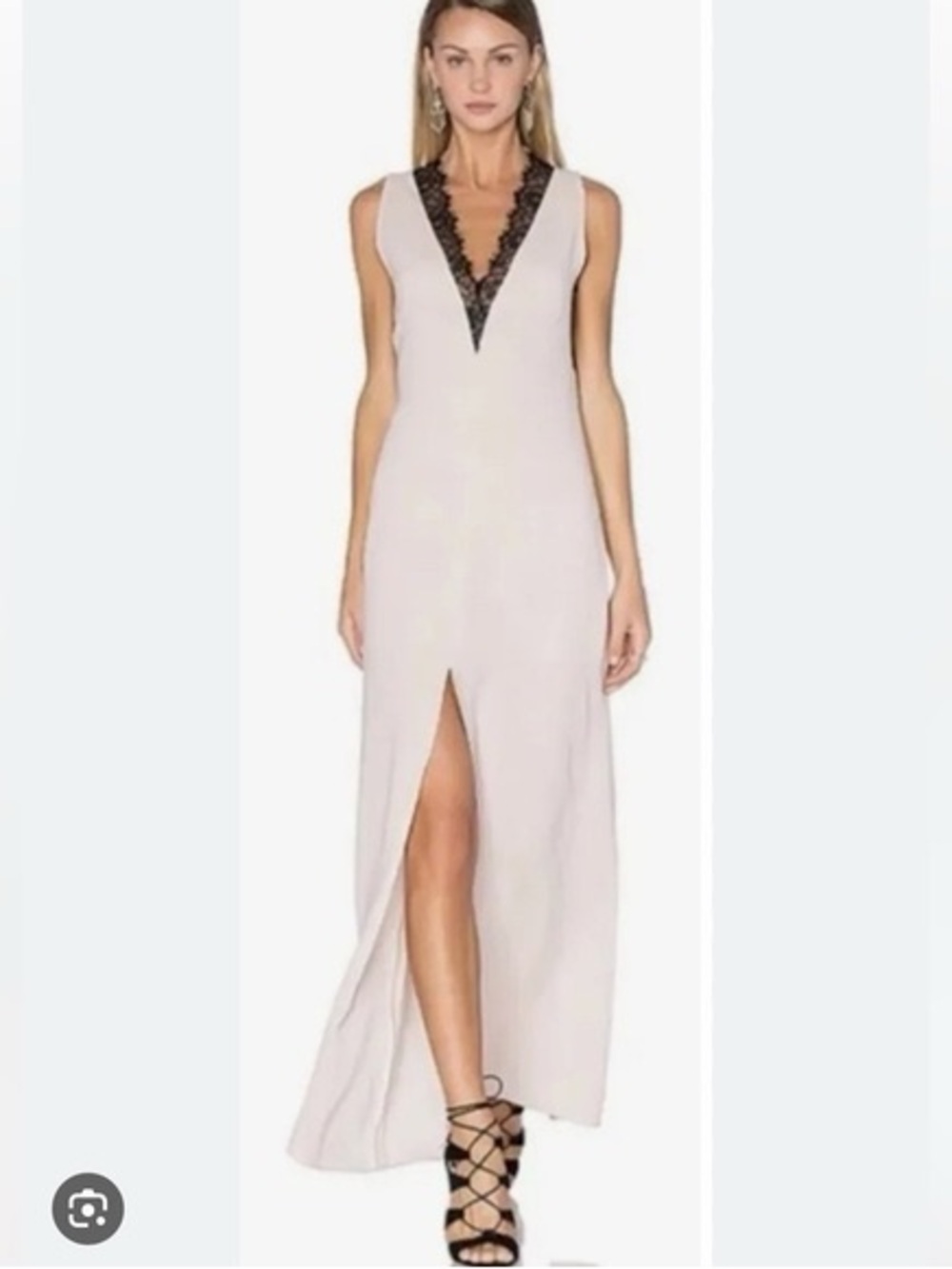 Llena Nude Sleeveless Cream Maxi Dress with Black Lace V-Neck